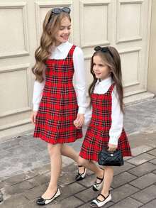 SHEIN Tween Girls' Vintage French Plaid Ruffle Trim Fitted Christmas Red Dress, Suitable For Christmas, Parties, Casual Wear, Autumn/Winter Fall - Red - View 10