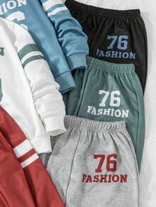 SHEIN Explorewe Bộ 6 món đồ thể thao thường ngày phong cách đường phố dễ thương cho bé trai, áo nỉ in chữ số 76 và quần dài, trang phục phù hợp mặc hàng ngày, đi học, hoạt động ngoài trời, thể thao, mùa xuân và thu, 8-12 tuổi - Nhiều màu - Xem 5