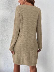 SHEIN LUNE 女式圆领纯色落肩长袖休闲针织毛衣 - 杏色 - 查看 2