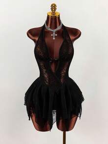 Y2K Amplova Black Deep V-Neck Backless Lace Patchwork Asymmetrical Punk Sexy Hem Sweet & Chic Street Style Mini Dress For Young Girls ,Autumn/Winter Thanksgiving And New Year,Party Dresses For Women,Christmas Party Dress,Party Dresses For Women,Dresses For Women Party - Black - View 3