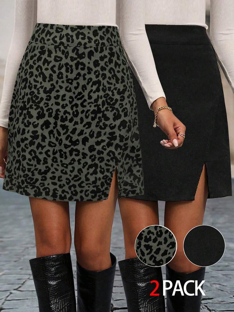 SHEIN LUNE Bộ váy nhung kẻ họa tiết da báo thu/đông và vải nhung kẻ trơn màu dành cho nữ - Nhiều màu - Xem 1