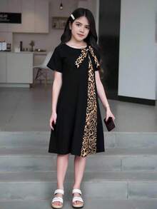 SHEIN Tween Girls Casual Minimalist Round Neck Short Sleeve Bow & Leopard Print Patchwork Long Comfortable Dress - Black - View 3