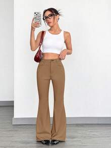SHEIN EZwear 时尚通勤驼色针织修身喇叭裤 - 駝色 - 查看 4