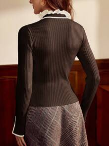 Vintamour Pull vintage classique élégant pour femme, pull tricoté avec bordure à volants de couleur contrastée, pull boutonné couleur abricot et café, vêtements d'automne/hiver marron, vêtements d'automne, vêtements d'hiver pour femmes - Marron - Voir 2