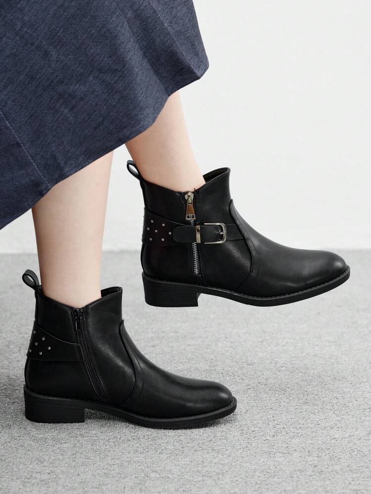 CUCCOO BIZCHIC Women's All-Match Black Mid-Calf Boots, Versatile Fashion