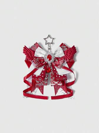 Anime 1 pièce Porte-clés et porte-clés en forme de nœud avec impression de note de musique kawaii, douce et mignonne, patchwork en dentelle, ailes 3D, impression de feuille d'étoile Y2K. Porte-carte de campus fait main style Lolita