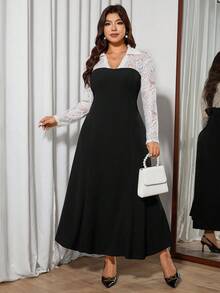 Modelyn Váy midi ôm sát ren màu đen tương phản cỡ lớn, thu/đông - màu đen - Xem 4