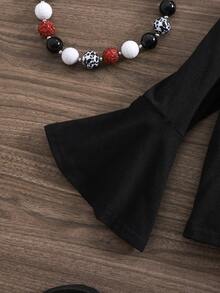 SHEIN Baby Girl Bell Sleeve Long Sleeve Top With Flared Floral Pants 2 Pieces Set Black Baby Girls Sets Baby Bell Bottom Outfit Flower Two Piece Set Toddler Girls Outfit Sets 12 Baby Clothes Girl Flounce Sleeve Toddler Girl Clothes Blackcozy Fall & Winter Styles