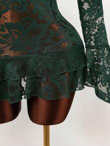 Amplova 夏季嬉皮风格女士透明低胸迷你连衣裙 - 軍綠色 - 查看 4