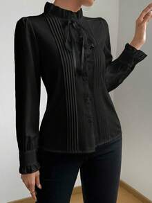Rafferiza 女式长袖褶皱荷叶边系带衬衫，优雅的春秋季女式衬衫 - 黑色 - 查看 3