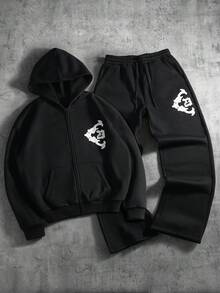 PAVTROS Ensemble deux pièces pour hommes composé d'une veste de mode confortable avec broderie et d'un pantalon long à taille élastique. Ensemble jogging noir, tenue de ville Y2K avec sweat-shirt à capuche et pantalon pour hommes - Noir - Voir 1