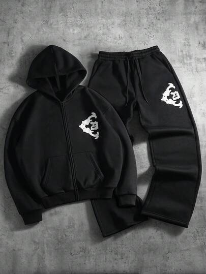 PAVTROS Conjunto de chaqueta bordada y pantalones largos con cordón en la cintura, cómodo y de moda para hombres. Conjunto de dos piezas negro. Conjunto de jogger para hombres. Conjunto de ropa de calle para hombres. Conjunto de sudadera y pantalones para hombres estilo Y2k.