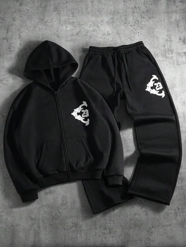 PAVTROS Men's Comfortable Fashion Embroidered Jacket And Drawstring Waist Long Pants Set Black Two Pieces Set Men Men Jogger Set Men Street Wear Sets Y2k Tracksuit Men Hoodie And Pants Set Men