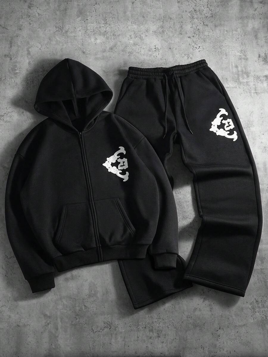 PAVTROS Ensemble deux pièces pour hommes composé d'une veste de mode confortable avec broderie et d'un pantalon long à taille élastique. Ensemble jogging noir, tenue de ville Y2K avec sweat-shirt à capuche et pantalon pour hommes - Noir - Voir 1