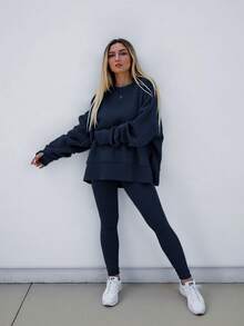 INAWLY 大码女式纯色圆领长袖运动衫和裤子休闲两件套，秋季 - 藏蓝色 - 查看 4