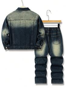 Tween Boys Denim Two Pieces Outfits, Casual Fashion Versatile Collared Long Sleeve Jacket + Elastic Waist Zipper Fly Straight Leg Jeans Denim Suit Designer Jeans For Kids - Dark Wash - View 3