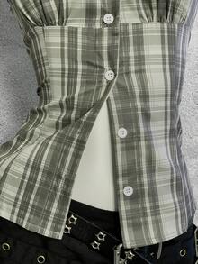 StreetHx 女士蓝色格子盖袖修身衬衫 - 綠色 - 查看 5