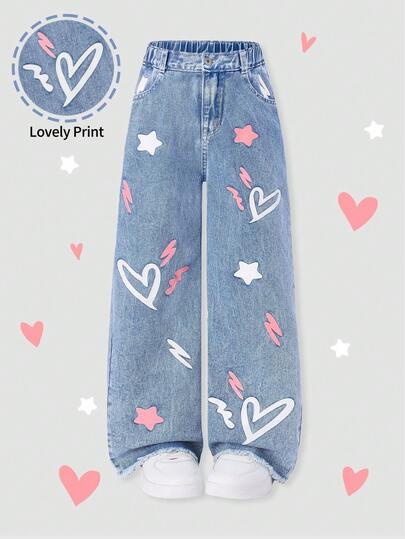 ChillGRL Tween 女童甜美可爱休闲时尚水洗蓝高腰松紧腰带五角星和心形印花阔腿牛仔裤，适合日常上学、周末外出和派对场合
