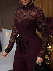 Lunelith SHEIN Lunessa Bộ đồ liền thân ren tương phản thanh lịch dành cho nữ - Màu Đỏ Sâu - Xem 6