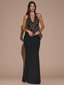 SHEIN BAE Váy đuôi cá hở lưng, cổ chữ V sâu, ren không tay màu đen dành cho nữ, thanh lịch, thích hợp cho đám cưới, phù dâu, khách dự tiệc cưới, tiệc cocktail, buổi hẹn hò lãng mạn, tụ họp, sự kiện trang trọng - màu đen - Xem 4