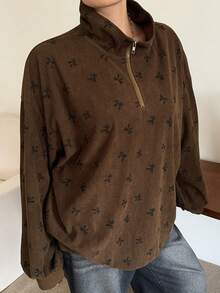 Dazy Plus 大码女式半拉链卫衣，饰有蝴蝶结印花，宽松版型，街头风 - 駝色 - 查看 6