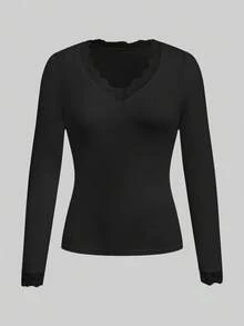 SHEIN EZwear Plus Size Women's Solid Color Lace Patchwork V-Neck Long Sleeve T-Shirt, Casual & Minimalist - Black - View 2