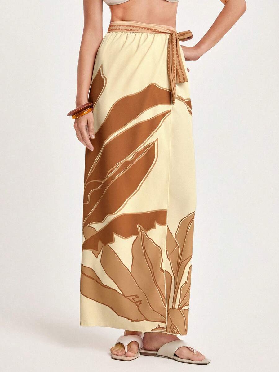 CAJUNI 女式波西米亚热带风棕色和米色印花休闲夏季沙滩泳衣罩衫纱笼裙 - 咖啡棕 - 查看 1