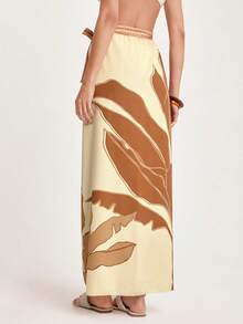 CAJUNI 女式波西米亚热带风棕色和米色印花休闲夏季沙滩泳衣罩衫纱笼裙 - 咖啡棕 - 查看 2