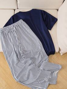 SHEIN 少女休闲T恤和条纹裤套装 - 藏蓝色 - 查看 2