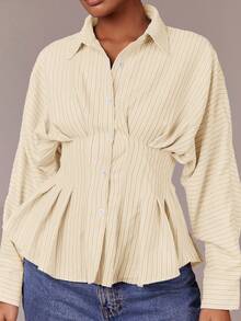 Athîral Women's Line Print Minimalist Everyday Waist Cinched Long Sleeve Shirt