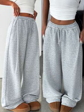 SHEIN Teen Girl Knitted Loose Casual Drawstring Pocket Wide Leg Sweatpants, Light Gray Comfy Pants Grey Sweat Pants Cute Sweat Pants