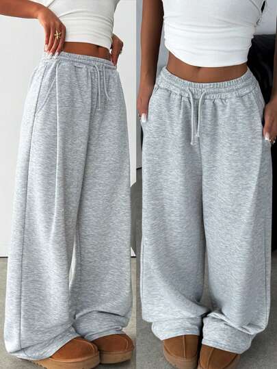 SHEIN Teen Girl Knitted Loose Casual Drawstring Pocket Wide Leg Sweatpants, Light Gray Comfy Pants Grey Sweat Pants Cute Sweat Pants