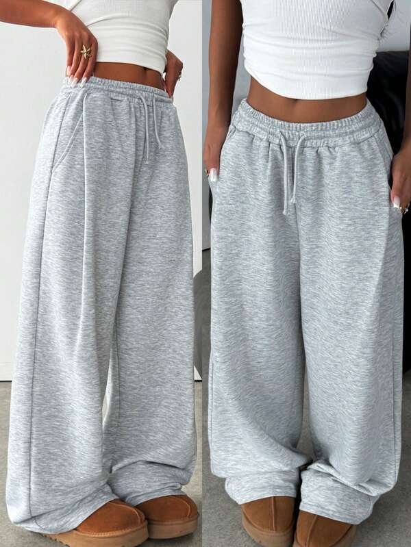 SHEIN Spodnie dresowe dla nastolatek, luźne, z szerokimi nogawkami i ściągaczem, w kolorze jasnoszarym