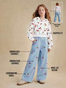 SHEIN Girls Casual Fashion Denim Jeans 1 Piece Knit Comfortable Embroidered Cherry Pattern Cute Outdoor Classic Embroidery Set Fall Winter - Multicolor - View 6