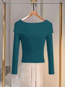 Franclia 女式法式时尚休闲 V 领针织吊带背心，长袖百搭秋冬上衣 - 水鴨藍 - 查看 2