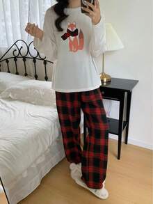 优雅简约少女冬季狐狸印花刺绣白色上衣和红黑格子裤休闲舒适长袖家居服两件套 - 紅色 - 查看 3