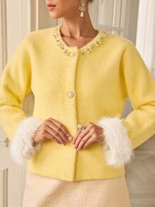 Chiquease 女士圆领时尚装饰开衫，黄色 - 黃色 - 查看 2