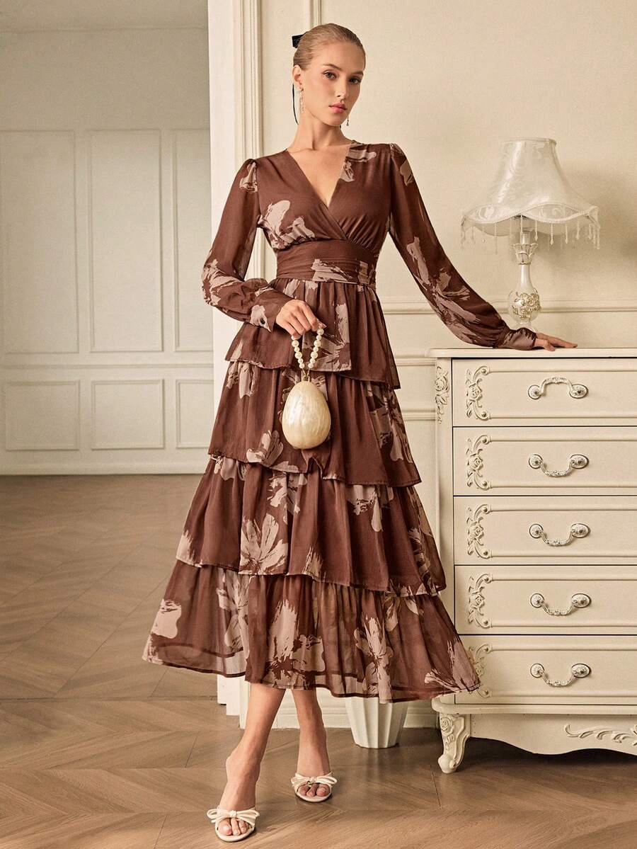 EMERY ROSE 优雅淑女分层蛋糕裙V领雪纺拉丝印花长袖连衣裙/随机印花 - 彩色 - 查看 1