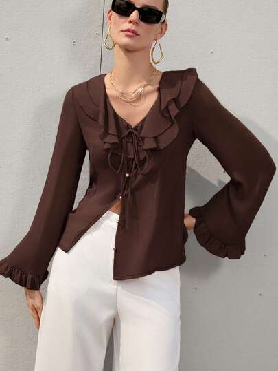 Aveloria Modichic Blusa de manga larga elegante, romántica y versátil para mujer, de gasa con volantes en el bajo, de color rosa pálido