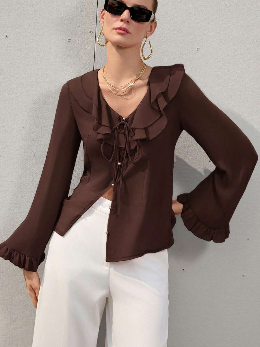 Aveloria Modichic 裸粉色女式雪纺层叠荷叶边下摆透明浪漫优雅性感休闲百搭长袖衬衫 - 咖啡棕 - 查看 1