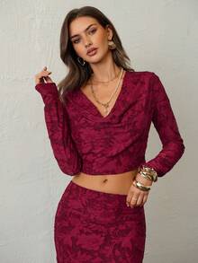 Aloruh Women's Autumn/Winter New Set, Party/Christmas/Halloween Outfit, Burgundy Cutout Fabric Luxurious 2 Pieces Set, Long Sleeve Ruffle Neck Top And Low Waist Mini Skirt Red Two Piece Outfit Women Two Piece Long Skirt Set 2 Piece Lounge Sets Woman Elegant Dress Women Elegant Women's Set Fall Clothes For Women Winter Clothes For Women Winter Clothes For Women
Two Piece Set Women Christmas Outfit For Women Red Skirt Women's Winter Clothes 2 Piece Women's Set - Burgundy - View 4