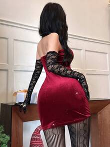 Rina Fox Women's Sexy Christmas Party Atmosphere Glitter Hollow Bow Bandeau Bodycon Mini Dress - Burgundy - View 2