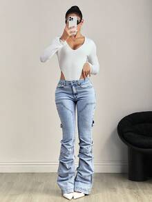 SHEIN Tall Tall Waist Flare Leg Washed Denim Jeans - Light Wash - View 5