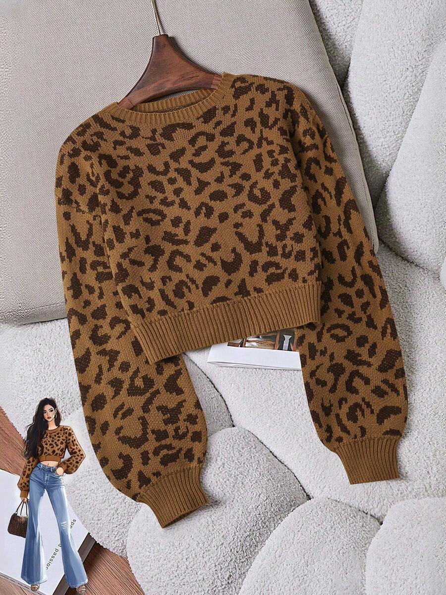 Franclia Women's Leopard Print Crew Neck Long Sleeve Cropped Casual Sweater, Autumn/Winter - Camel - View 1