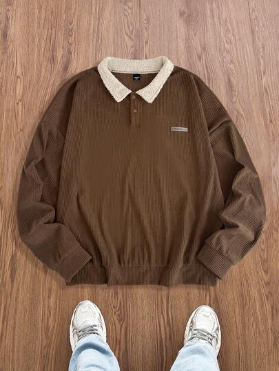 EASEVO 大码男式马球领长袖休闲宽松套头衫