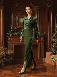 Anewsta High Quality Vintage Fashion Standard Size Women's Dress, Velvet & Lace Patchwork Dress, High Waist Slimming Christmas Party Gown, Luxurious Elegant Long Dress - Army Green - View 5