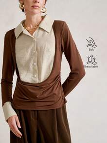 SHEIN Stylify 2025冬季二合一衬衫拼接针织毛衣女款，新款高端亚麻衬衫，优雅通勤时尚上衣，适合情人节、圣诞节、万圣节、新年等节日穿着。 - 米色 - 查看 3