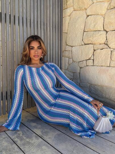 Maria Perezxox Textured Stripe Knit Flared Maxi Dress Spring Summer Vacation Boho Ibiza Elegant Beach Cute The Beach House Festival Christmas, Halloween, Fall, Winter