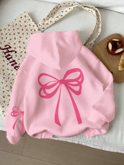 SHEIN Happikins Girls Casual Cute Bow Decor Loose Fit Crew Neck Comfortable Knit Long Sleeve Sweatshirt, Cream Pink, Suitable For Autumn/Winter Fall