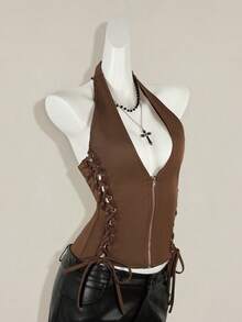 SHEIN ICON 夏季 Y2K V 领外出演唱会女式演唱会黑色哥特性感索环纯色时尚侧交叉带露背背心，夏季 - 棕色 - 查看 7